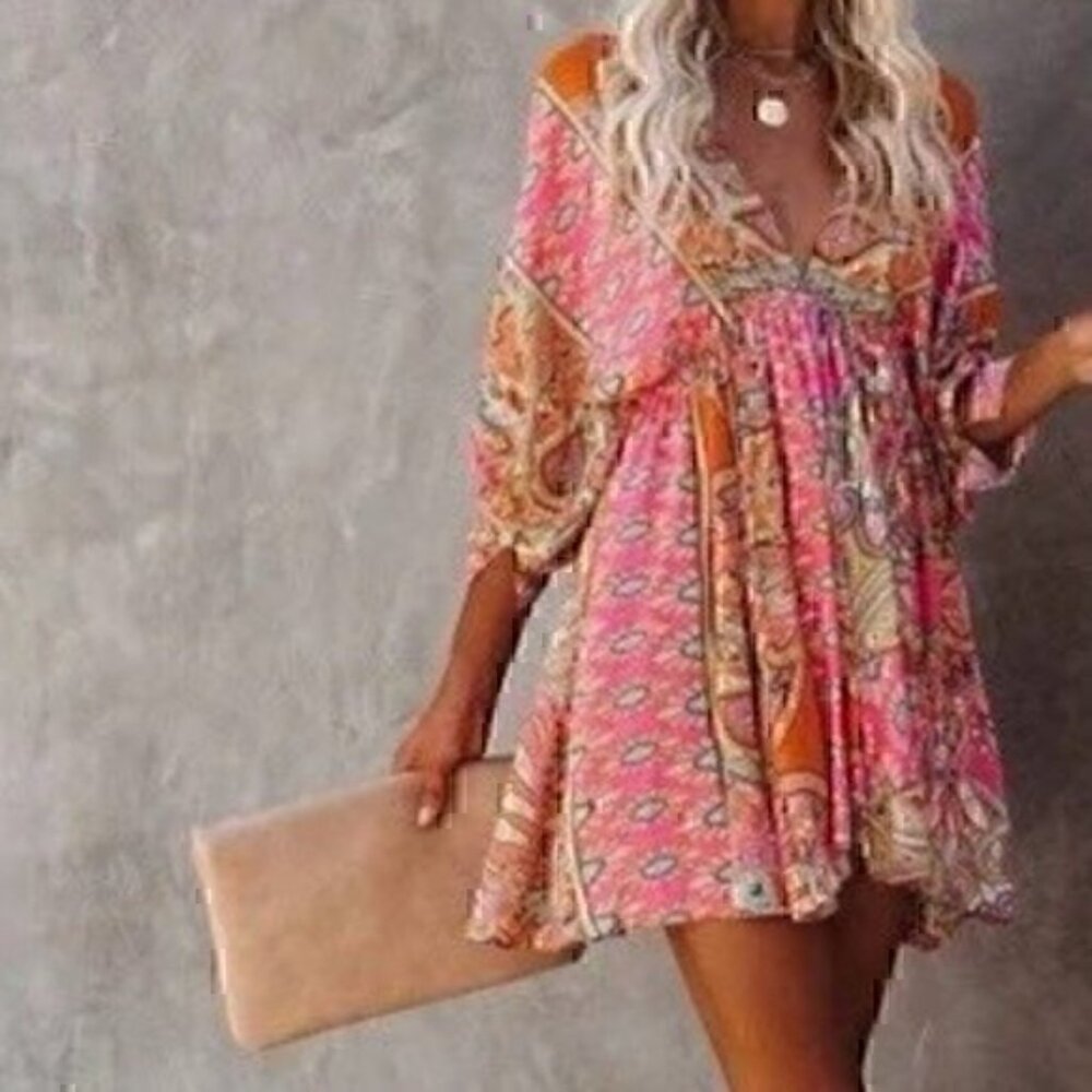 Floral Print Lace Up V-neck Dress, Boho Short Sleeve Waist Backless Summer L - Picture 4 of 6